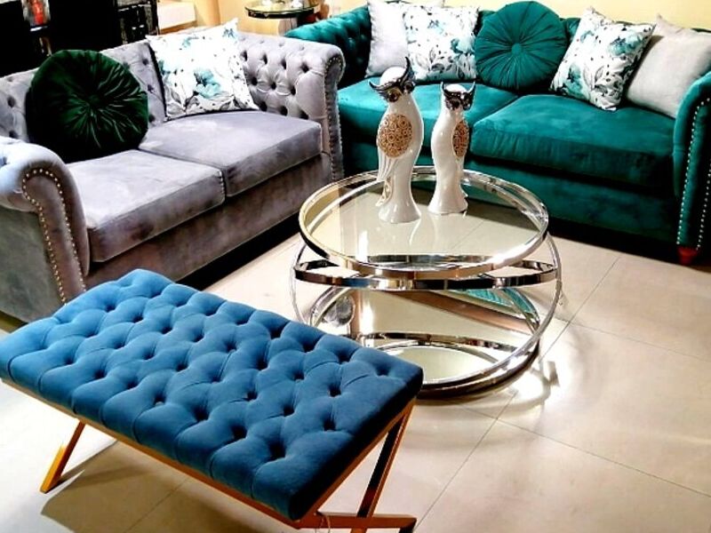 Juego Sofas Botonados Gris/Esmeralda Peru